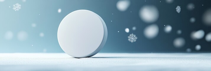 Winter Snow Circle Product Display - Clean, minimalist winter scene, white circle, snow, bokeh, product placement, holiday.
