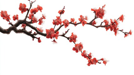 Blossoming plum tree branch with vibrant red flowers isolated on a white background showcasing nature's beauty in springtime elegance