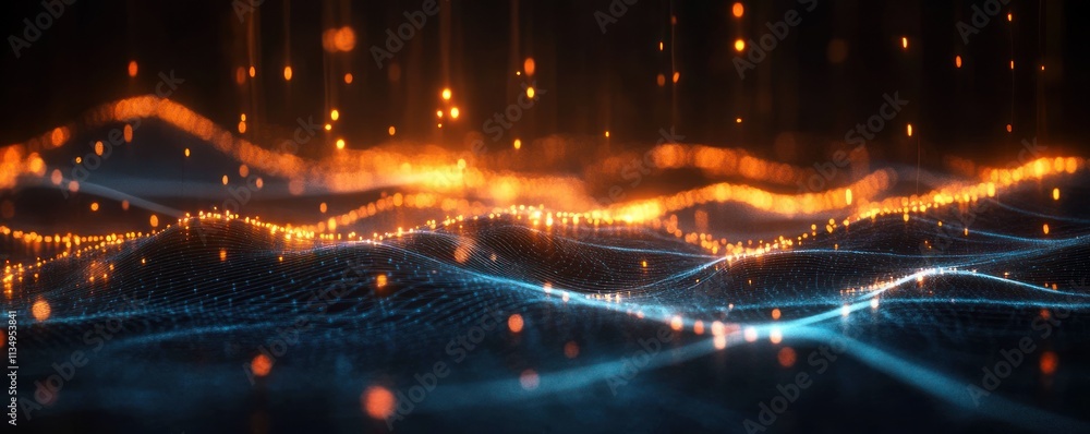 Poster futuristic digital network landscape with glowing connections for technology and data visualization
