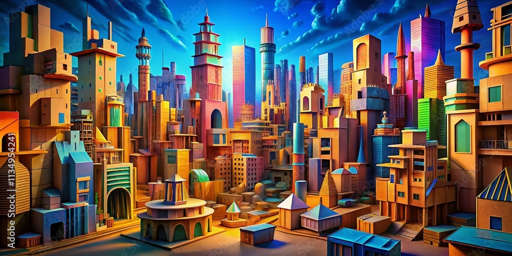 Poster exploring a cardboard futuristic city: urban exploration photography capturing imaginative architect