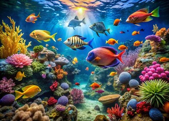 Obraz premium Explore the Wonders of an Oceanarium Featuring Vibrant Exotic Fish in a Stunning Underwater Scene with Lush Marine Life and Colorful Coral Reefs