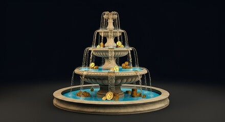 A threetiered stone fountain, elegantly designed, overflows with golden coins. Water cascades down, creating a luxurious, wealthy visual.