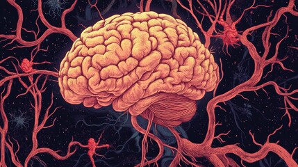 A detailed illustration of the human brain with vivid neurons extending in all directions. The artistic depiction highlights neural connections against a dark, cosmic-like backdrop, ideal for medical