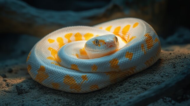 Elegant White and Yellow Python Coiled on Sandy Surface in Nature