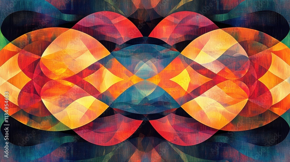 Poster vivid geometric patterns blend in an abstract dance of color and light