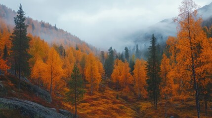 Autumnal Mountain Forest Landscape with Golden Foliage