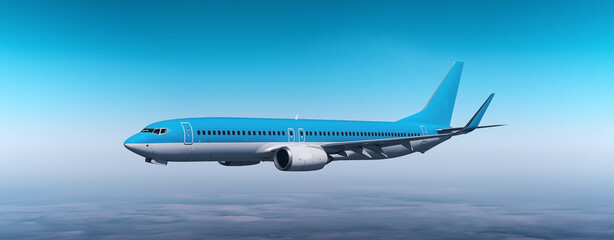 Fototapeta premium Wide angle shot of a passenger plane flying above the clouds and a clear sky, shot in high resolution ,soft style,airplane,landing ,blue. 