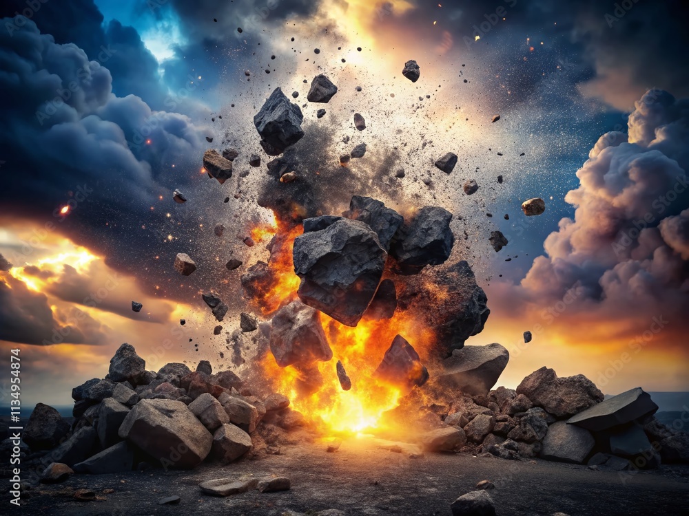 Poster explosive fragmentation of coal: dramatic high-resolution image of dark rock breaking into dust and 