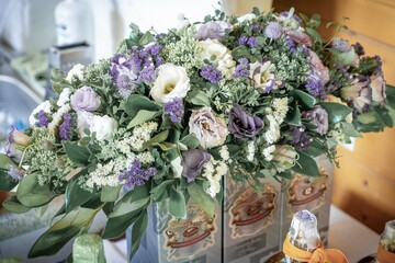 Wooden wedding interior reastaurant decoration with flowers and candles