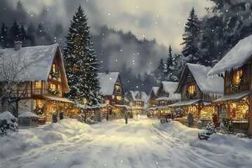 Fototapeta premium Snow falling on christmas village in the mountains