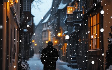 Man walking in snow covered street of german town during christmas time