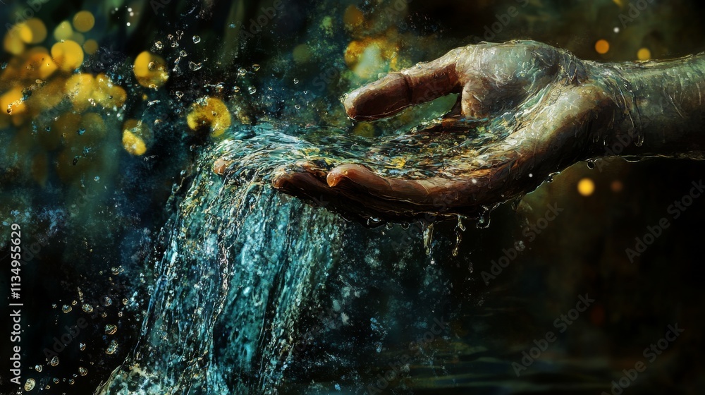 Poster a hand reaches into a stream of flowing water, symbolizing a connection with nature. the dynamic sce