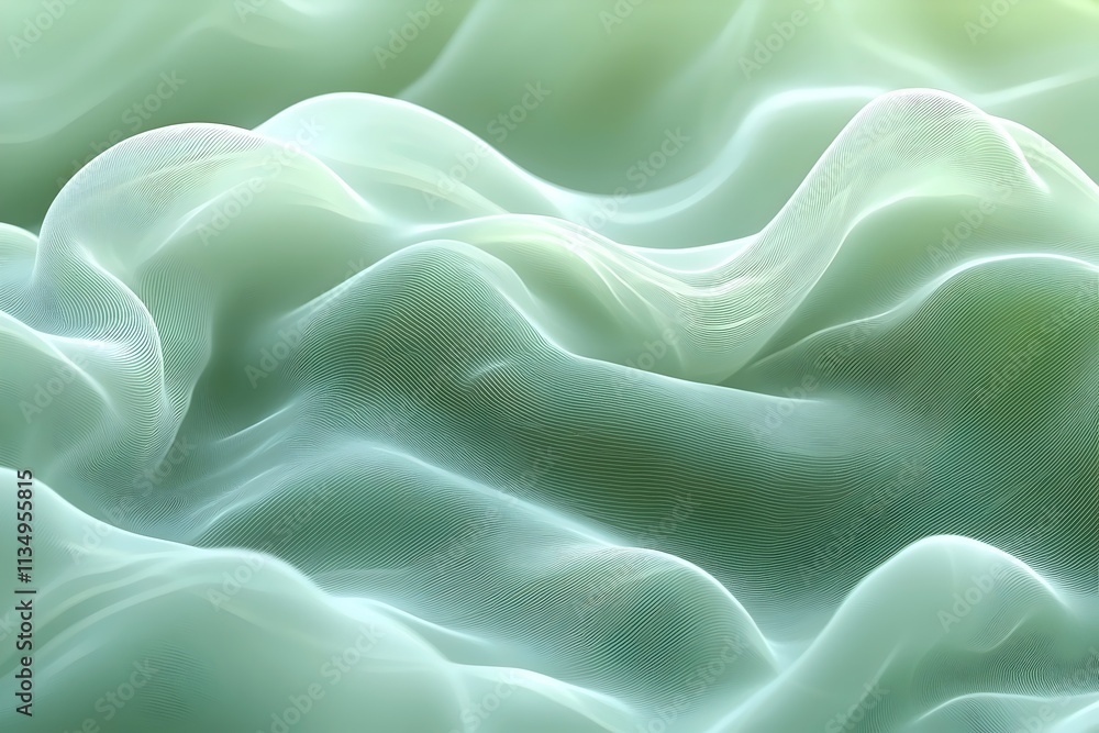 Poster an abstract representation of flowing waves in soft green hues, evoking a serene and calming atmosph