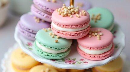 Delicate Pastel Macarons on a Decorative Stand, Generative AI