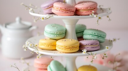 Delicate Pastel Macarons on a Decorative Stand, Generative AI