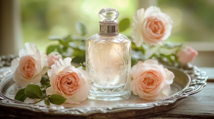 Elegant Perfume Bottle Surrounded By Delicate Roses