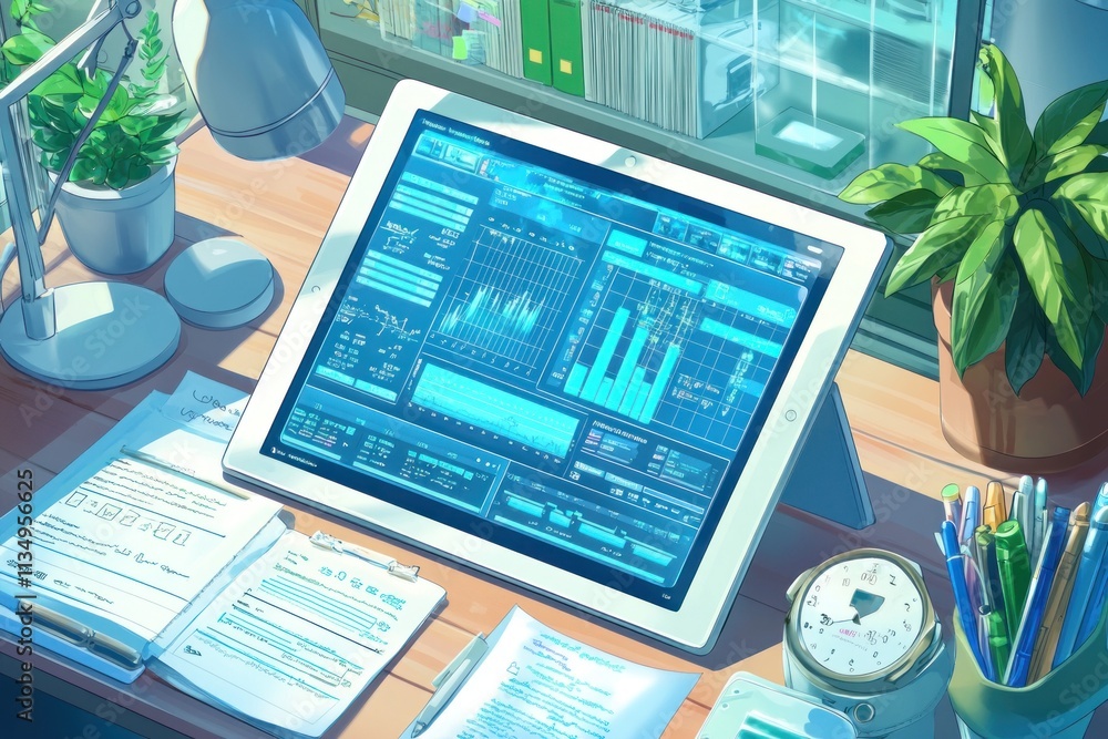 Poster Tablet displaying data graphs on a desk with plants and stationery.