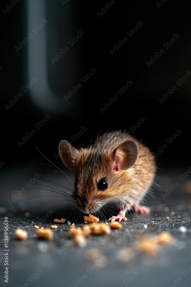Poster captivating portrait of a curious mouse nibbling on crumbs in a dark setting showcasing wildlife int