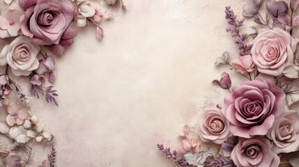 Pastel Roses and Flowers Frame a Beige Background