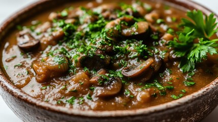 A warm bowl of rich mushroom stew topped with vibrant green herbs, inviting comfort and flavor