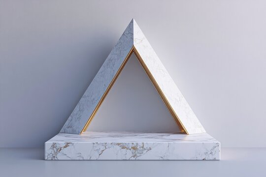Elegant white marble triangle podium with gold accents on a platform, minimal design.