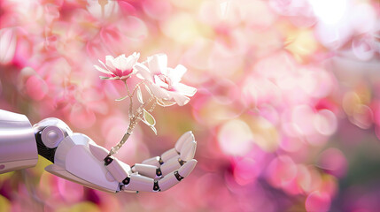 Photo of a robot hand holding out a flower