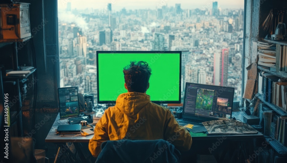 Aufkleber Person sits at desk facing large window overlooking city skyline, working on computer with green screen.