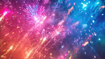 Fototapeta premium A close-up of fireworks bursting in the sky, with bright colors and sparkling trails