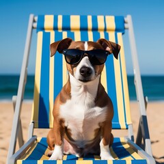 Dog sitting on a folding beach chair wearing sunglass