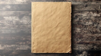 Vertical View of Brown Paper Page with Natural Texture on Wood Background