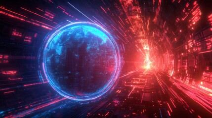 Obraz premium Futuristic digital tunnel with glowing Earth.