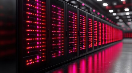Futuristic servers emit vibrant neon lights, creating a dazzling atmosphere in the darkened room