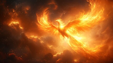 Flaming phoenix rising with wings spread wide in a vibrant fiery background teamwork concept