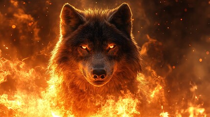 Courageous flaming wolf standing tall surrounded by radiant fire backdrop teamwork emotional concept