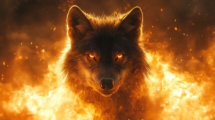 Courageous flaming wolf standing tall surrounded by radiant fire backdrop teamwork emotional concept