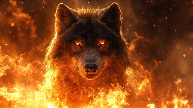 Courageous flaming wolf standing tall surrounded by radiant fire backdrop teamwork emotional concept