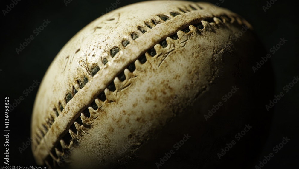 Poster close-up of a weathered, aged, off-white sphere with textured seams and subtle markings, set against