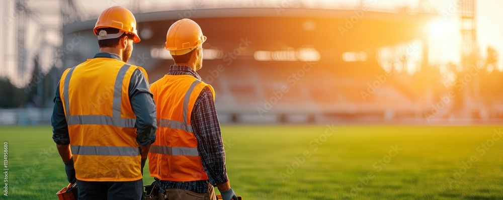 Poster two construction workers in safety gear observe a stadium site at sunset, emphasizing teamwork and i
