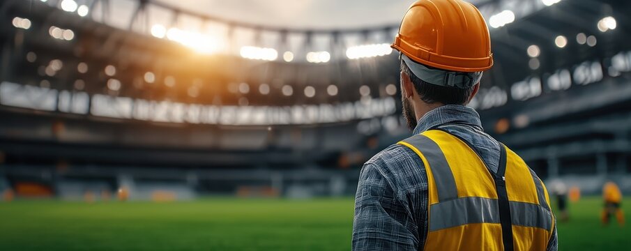 A construction worker in an orange helmet looks out over a stadium at sunset, symbolizing progress and dedication in sports infrastructure development.