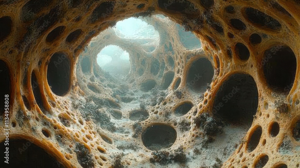 Poster abstract 3d render: exploring a honeycomb-like cave