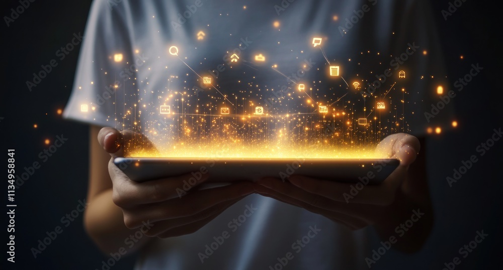 Poster woman holding tablet displaying glowing network of digital icons.