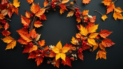 Fototapeta premium A Rustic Autumnal Wreath of Crimson Berries and Vibrant Leaves on a Dark Background