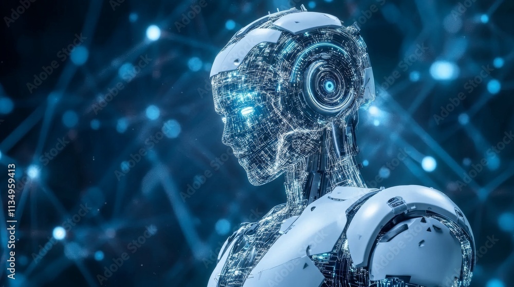 Poster a futuristic robotic figure illuminated by glowing blue lights, connected to a vast digital network 