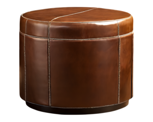 A round brown leather stool with smooth, polished upholstery, featuring a sturdy base and a simple yet elegant design