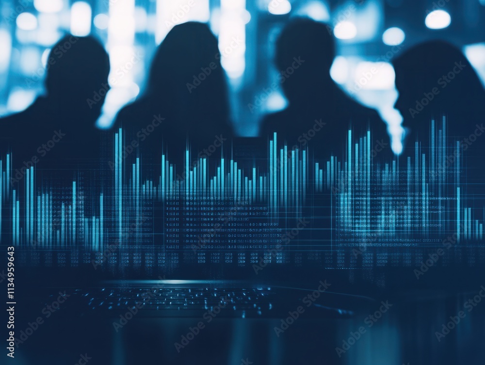 Aufkleber abstract financial data visualization with chart and silhouetted business people in meeting room set