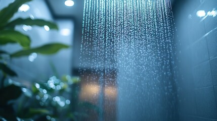 A serene shower scene with cascading water droplets and lush greenery in a modern setting.