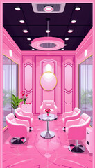 Interior of luxury stylish beauty salon.First plan pink armchairs and table for manicure and second plan place for eyelash extension .Pink concept design, pixel art, with white tones