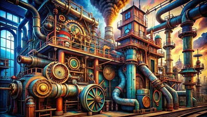 Fantasy Steampunk Machine with Intricate Pipes in Hand-Drawn Bold Sketch Style, Capturing the Essence of Imagination and Innovation in Architectural Photography