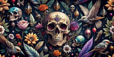 Fashion Photography Featuring an Enchanting Pattern of Skulls, Birds, and Crystals Ideal for Witchcraft Themes and Mystical Apparel Design Inspiration