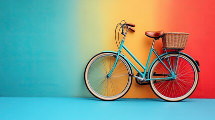 Fototapeta premium Teal bicycle with wicker basket against colorful wall.